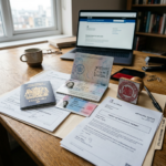 UK passports, visa, and official immigration approval papers on wooden desk with laptop