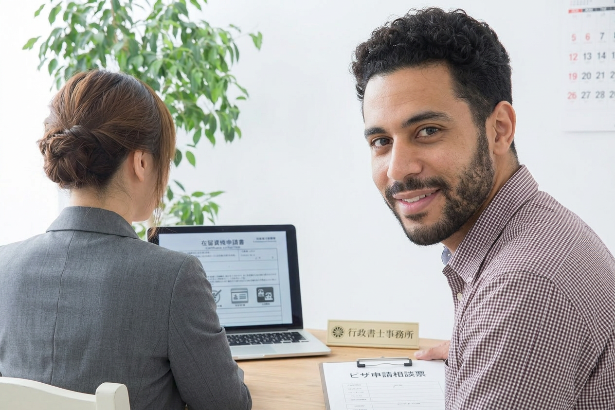 Advisor showing residence card application form on laptop to client