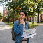 Student holding a campus map and notebooks looking confused outdoors